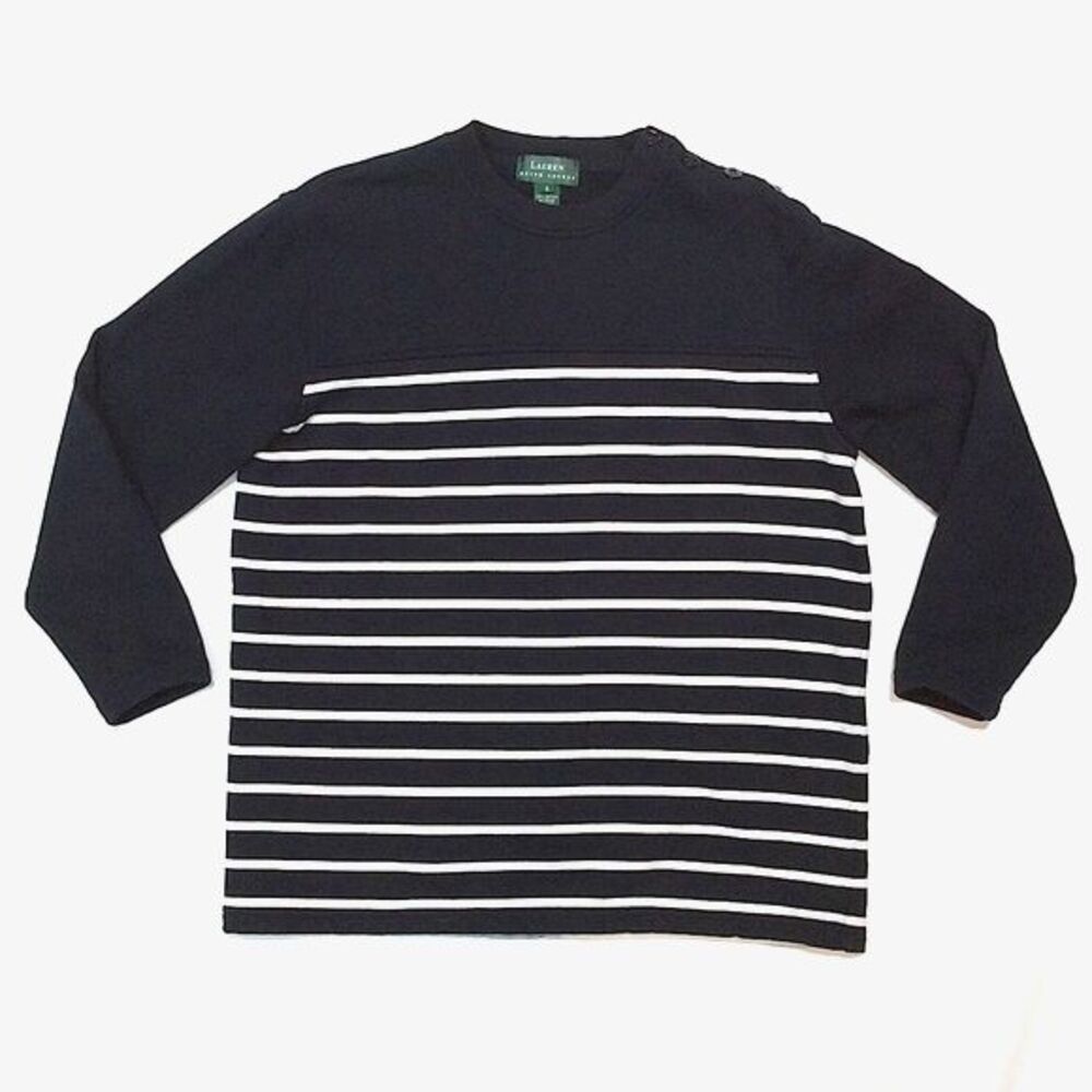 LRL Lauren Navy Stripe Sweatshirt Sz Small Crewneck Shoulder Button 3/4 Sleeve